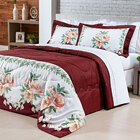 Kit Cobre Leito Casal Estampado Floral Vinho 200 Fios + Jogo
