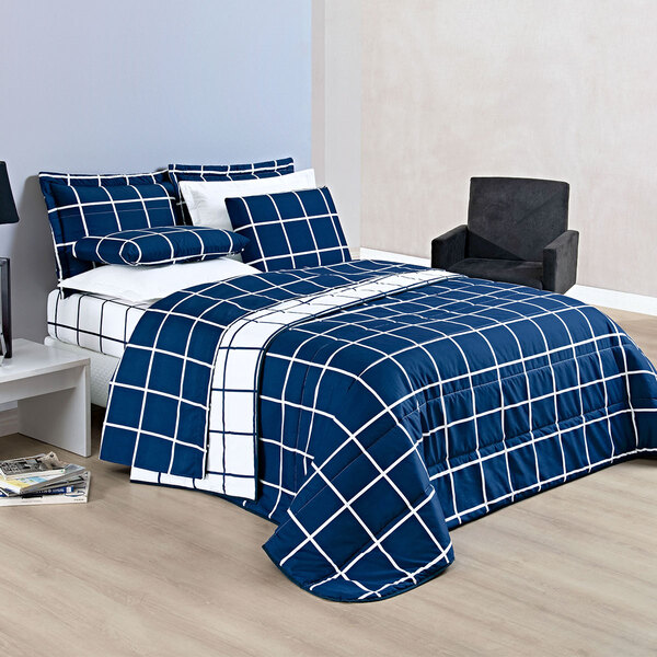 Kit Cobre Leito Casal Padrão Azul Marinho Geométrico Microper