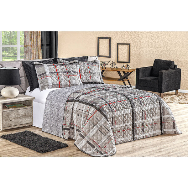 Kit Cobre Leito Casal Padrão Matelado Xadrez Cinza Dupla Face
