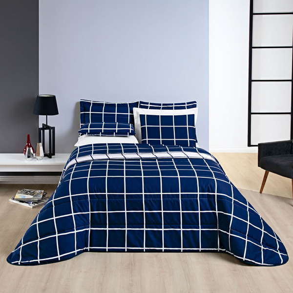 Kit Cobre Leito Colcha Brooklyn Casal Quadriculado Microperca