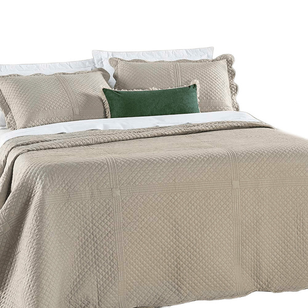 Kit Cobre Leito Colcha Clean Queen Dupla Face - Cáqui - 100%