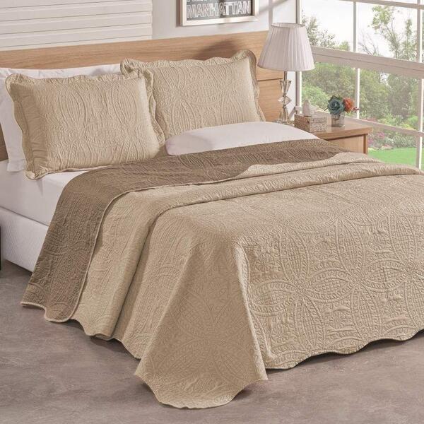 Kit Cobre Leito Colcha Dupla Face Queen 3 Peças Caqui