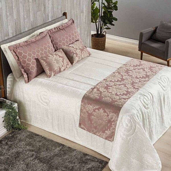 Kit Cobre Leito Colcha Palace Queen 10 Peças Jacquard Xale Fl