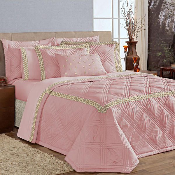 Kit Cobre Leito Colcha Queen Roterdam Luxo Tecido Microfibra