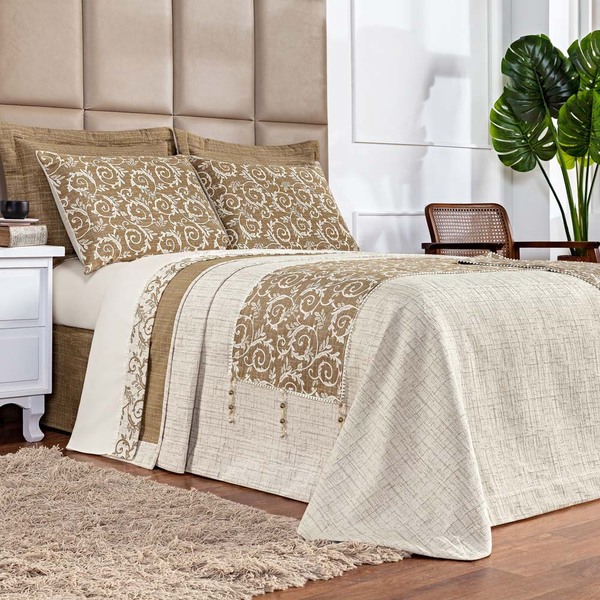 Kit Cobre Leito Colcha Rustique Queen Jacquard Dupla Face 6 P