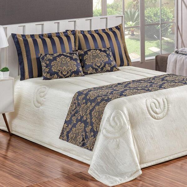 Kit Cobre Leito Com Xale E Almofadas Queen10 Peças Marinho