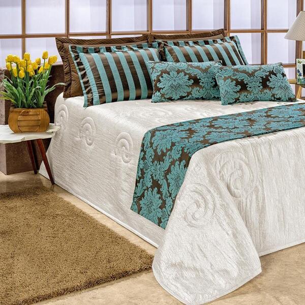 Kit Cobre Leito Com Xale E Almofadas Queen10 Peças Turquesa