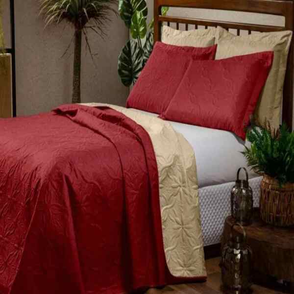 Kit Cobre Leito Dupla Face Floral Queen 03 Peças - Vermelho