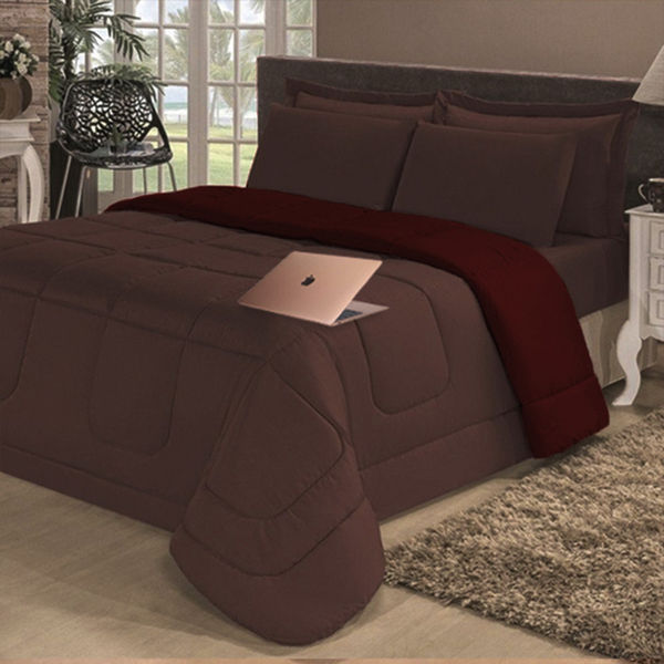 Kit Cobre Leito Dupla Face Solteiro 4pçs Tabaco E Vermelho Ca