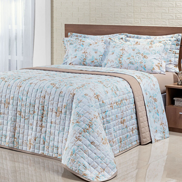 Kit Cobre Leito Estampado Queen Floral Bege 200 Fios 100% Alg