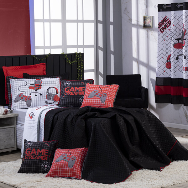 Kit Cobre Leito Game Streamer Vermelho Dupla Face C/ Almofada
