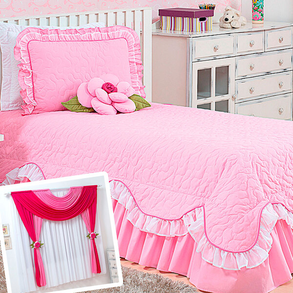 Kit Cobre Leito Infantil Rosa Menina Com Almofada Decorativa