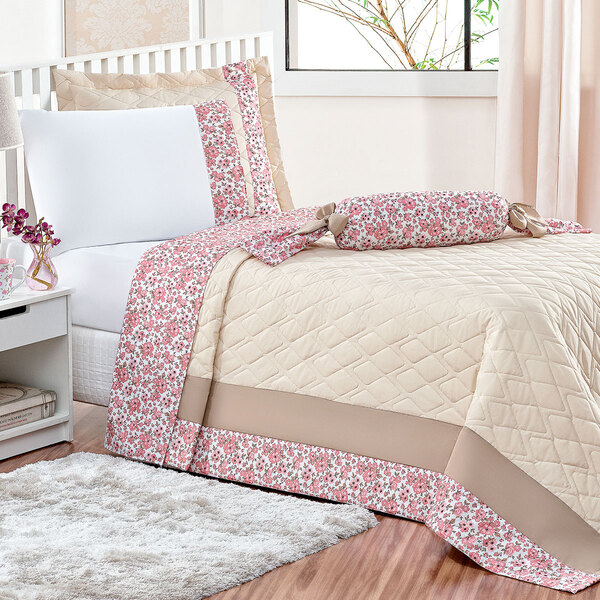 Kit Cobre Leito Infantil Solteiro Bege Com Almofada Decorativ