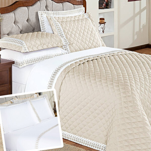 Kit Cobre Leito King Cáqui / Palha Matelado Clássico + Jogo D