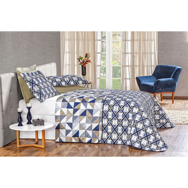 Kit Cobre Leito King Losango Azul Estampado Dupla Face 3 Peças