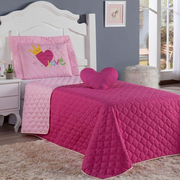 Kit Cobre Leito Love Coração Solteiro Infantil Bordado 3 Peça
