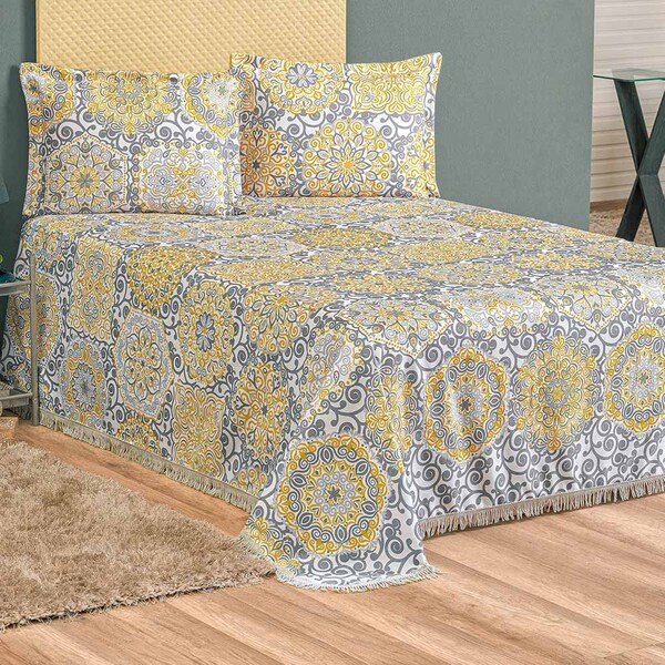 Kit Cobre Leito Mariela Casal Padrão Tecido Sarja Com Franja
