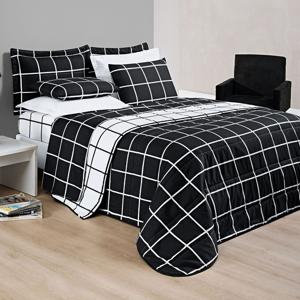 Kit Cobre Leito Minimalista Quadriculado King 03 Peças Tecido