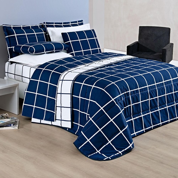 Kit Cobre Leito Minimalista Quadriculado Queen 03 Peças Tecid