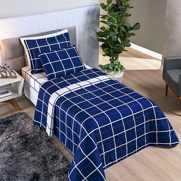 Kit Cobre Leito Minimalista Quadriculado Solteiro 02 Peças Te