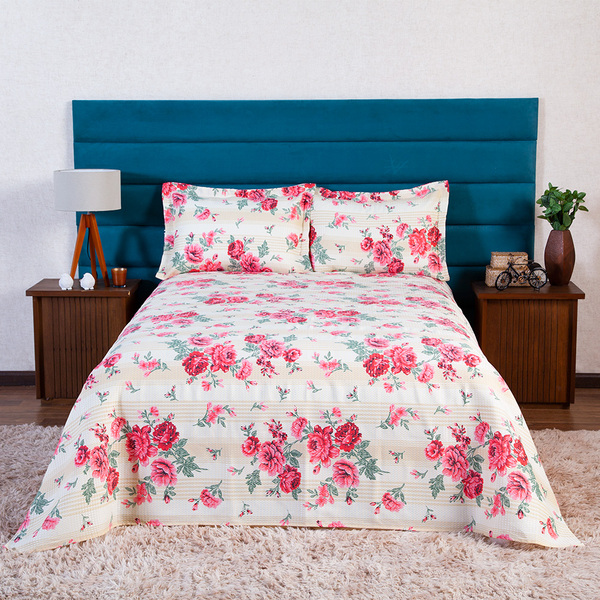 Kit Cobre Leito Piquet Casal 2,20x2,50m Rosas 3 Peças Casa Do