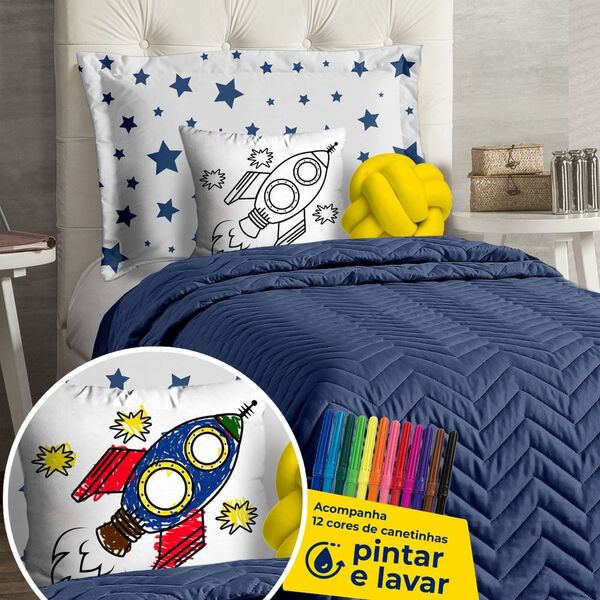 Kit Cobre Leito Solteiro Diverkids Foguete Azul Casaborda 7 P
