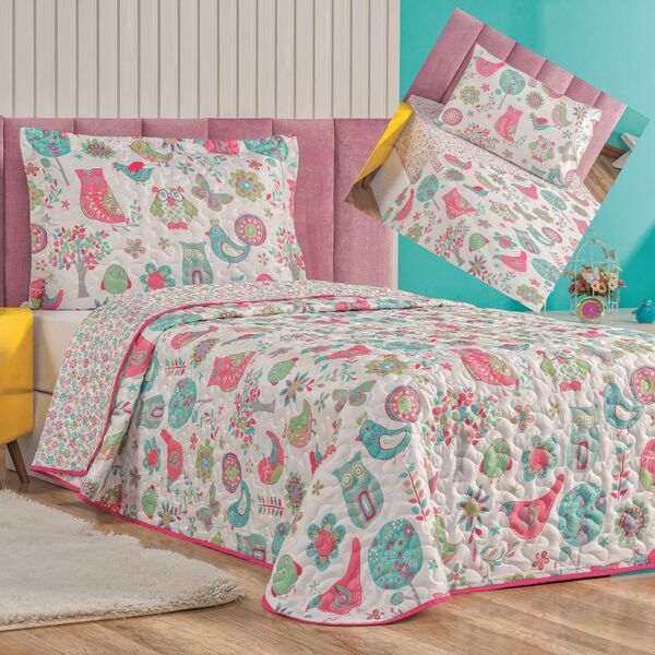 Kit Cobre Leito Solteiro E Lençol 5 Peças Corujinha - 100% Po