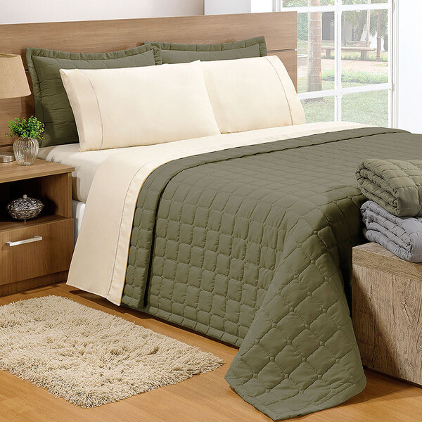 Kit Cobre Leito Verde Militar Dupla Face 3 Peças Matelado 2,4