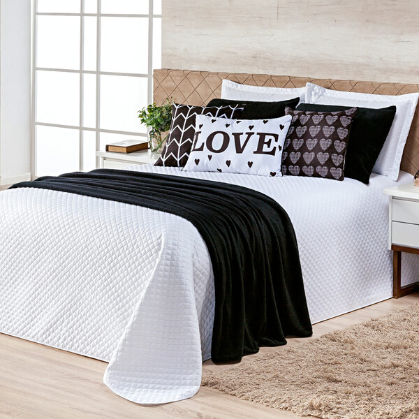 Kit Cobre Leito Vitória Branco/preto Com Almofadas E Xale Que