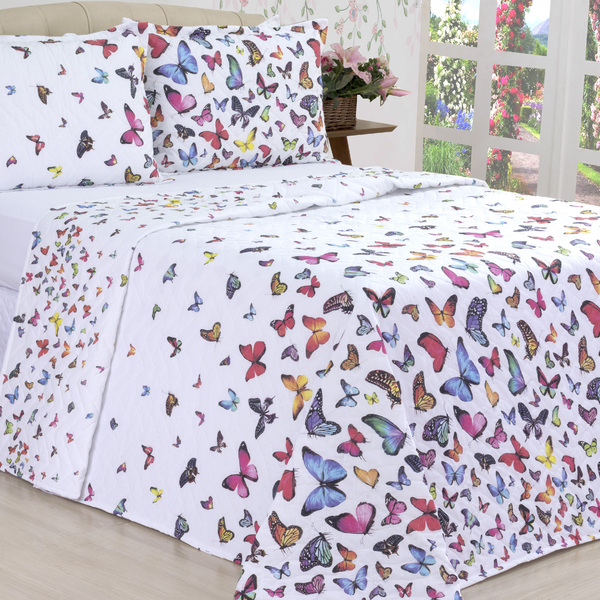 Kit Cobreleito Borboletas Percal 180 Fios Dupla Face Queen Si