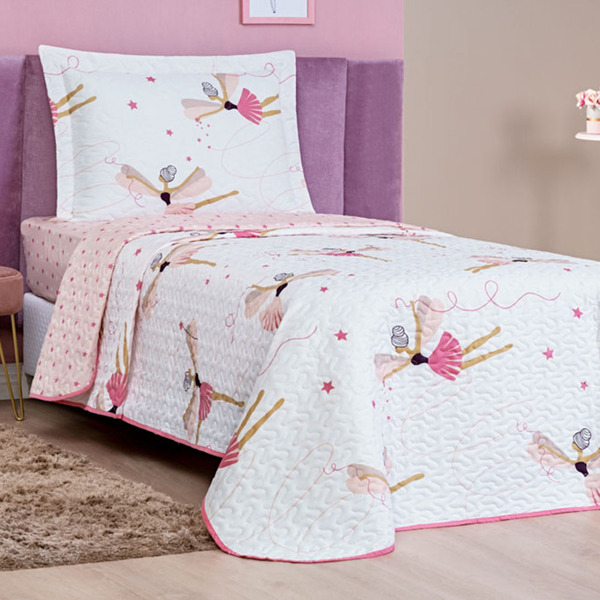 Kit Colcha Bailarina Solteiro Tecido Microfibra Dupla Face Qu