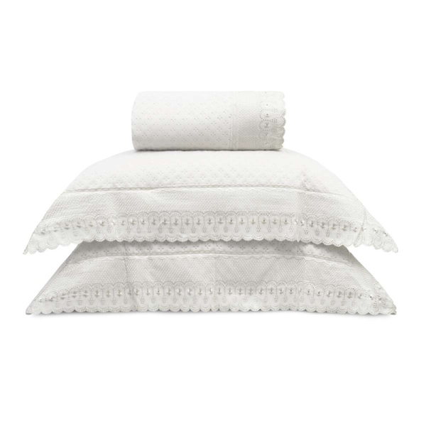 Kit Colcha Casal 2,20m X 2,40m Bordare Premium Branco Floral