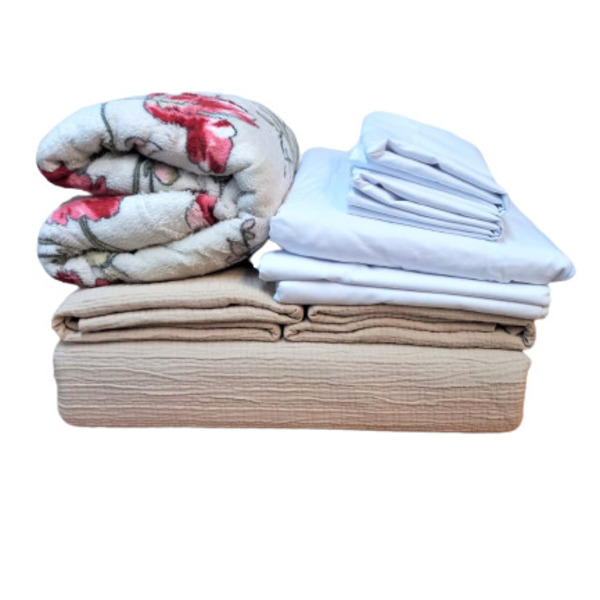 Kit Colcha Casal + Jogo De Cama Branco + Manta Estampada Sort