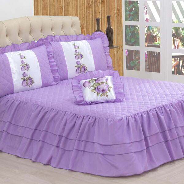 Kit Colcha Com Babado Sofia Casal 04 Peças Lilás [f101]