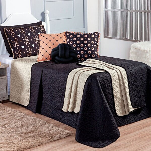 Kit Colcha Golden Love Dupla Face Com Almofadas Solteiro 6 Pe