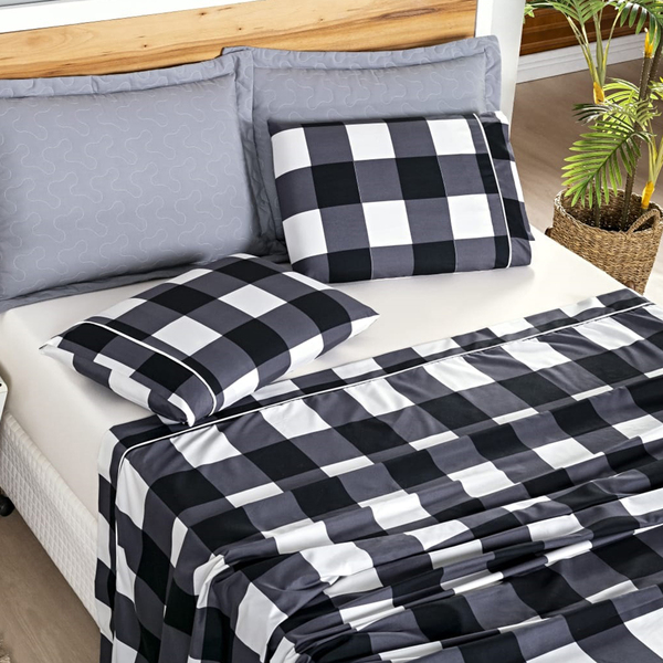Kit Colcha Lisboa Estampada Xadrez 4pçs Queen Preto