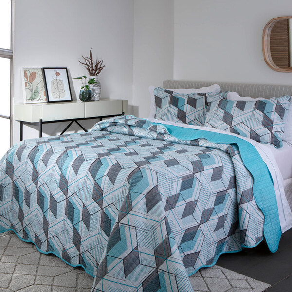 Kit Colcha Paris Color Geométrico Turquesa Queen 03 Peças - D