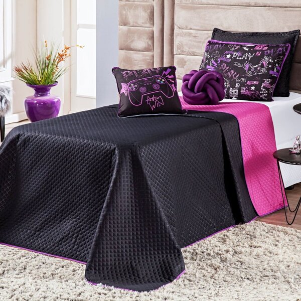 Kit Colcha Solteiro 5 Peças Game Win Pink Dupla Face Com Almo