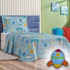 Kit Colcha Solteiro Infantil Fantasy + Tapete Foguete Azul Tu