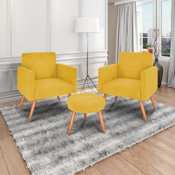 Kit Com 02 Poltronas Decorativas E 01 Puff Decorativo Dallas