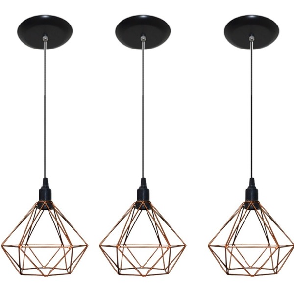 Kit Com 03 Luminarias Pendente Aramado Modelo Diamante - Cobre