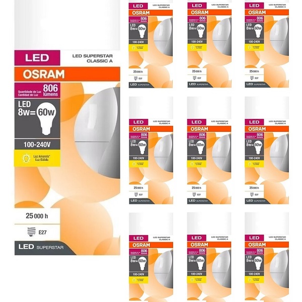 Kit Com 10 Lâmpadas Led Bulbo 8w E 27 3000k Quente Osram