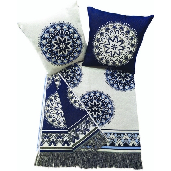 Kit Com 2 Capas Almofadas Jacquard Mandala Azul Sem Enchiment