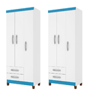 Kit Com 2 Guarda Roupa 3 Portas 2 Gavetas Modena Branco Azul