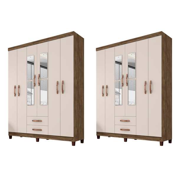 Kit Com 2 Guarda Roupa De Casal 6 Portas 2 Gavetas Com Espelh