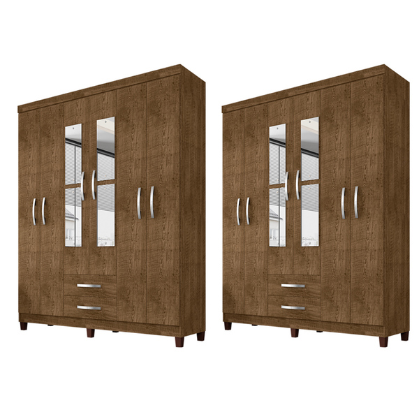 Kit Com 2 Guarda Roupa De Casal 6 Portas 2 Gavetas Com Espelh
