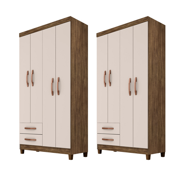 Kit Com 2 Guarda Roupa Solteiro 4 Portas 2 Gavetas Modena Tek