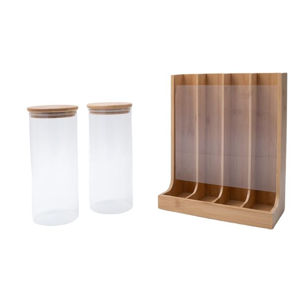 Kit Com 2 Potes De Vidro Com Tampa De Bambu 800ml E Porta Cáp