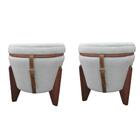 Kit Com 2 Puff Decorativo Berlim Linho Claro Com Pés Em Madei