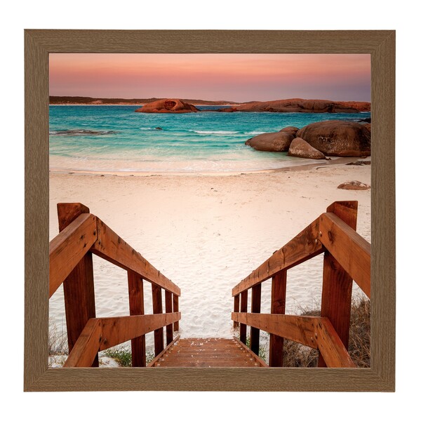 Kit com 2 Quadros Decorativos Escada Praia 30x30cm Marrom